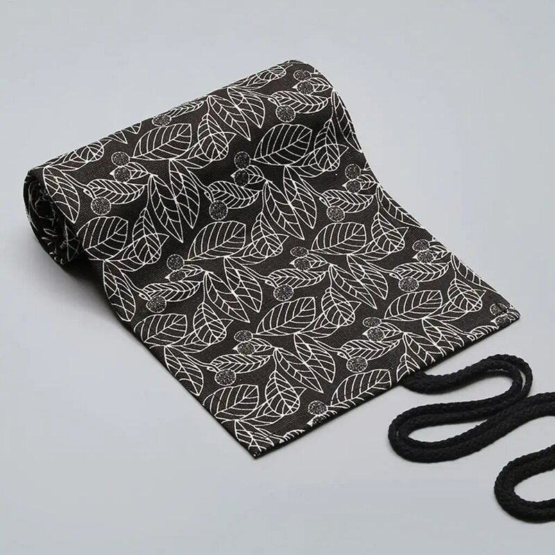 Black White Leaves Printed Pattern Roll Up Paint Brush Canvas Case Wrap Sketching Drawing Pen Bag Pouch 12-24 Holes