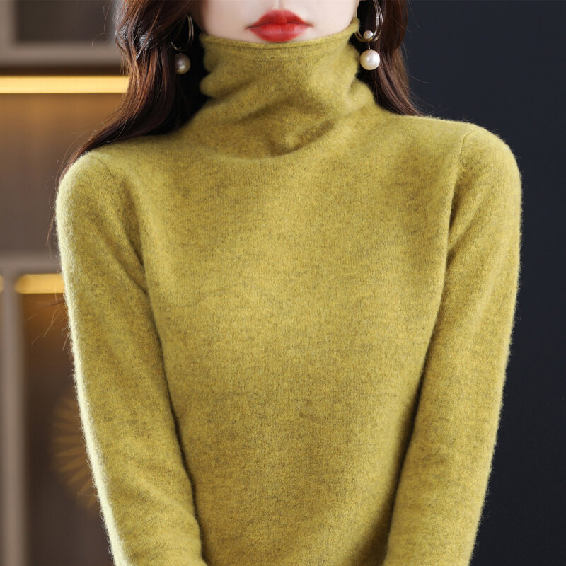 Suéter de gola alta monocromático de caxemira feminino, pulôver solto 100% merino, outono e inverno, nova moda