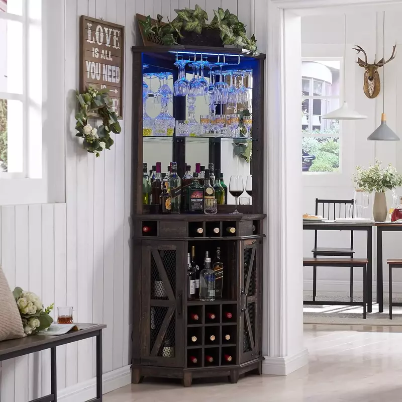 ตู้เก็บไวน์สูง72 "ตู้บาร์ไวน์สำหรับบ้านไร่ตู้บาร์ที่บ้านพร้อมไฟ LED และชั้นวางแก้วสำหรับห้องนั่งเล่น