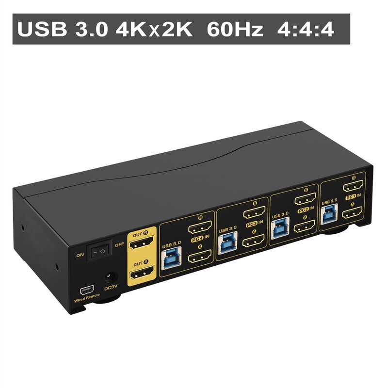 Interruptor USB 3,0 HDMI KVM, pantalla extendida de Monitor Dual de 4 puertos, con Audio, compatible con 4K @ 60Hz, 4:4:4
