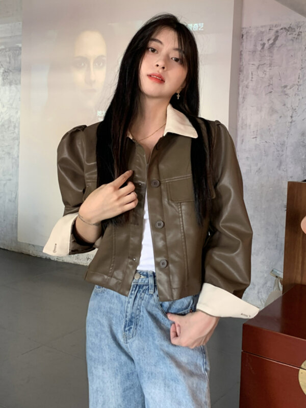Preto coreano cortado jaqueta de couro feminina fino moda bolsos moto motociclista jaqueta feminina inverno casual vintage outerwear chique topo