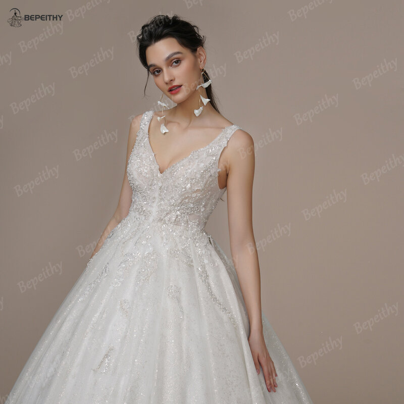 Bepethy Bride Luxury scollo a V abiti da sposa in cristallo 2023 senza maniche corte treno perline squisito avorio abito da ballo da sposa primavera