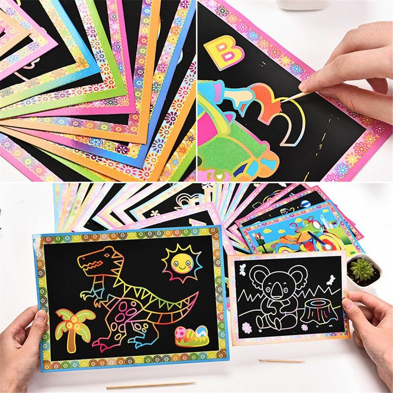 1/5/10pcs Two-in-one Magic Color Scratch Art Paper Coloring Cards Scraping Drawing Toys for Children kids