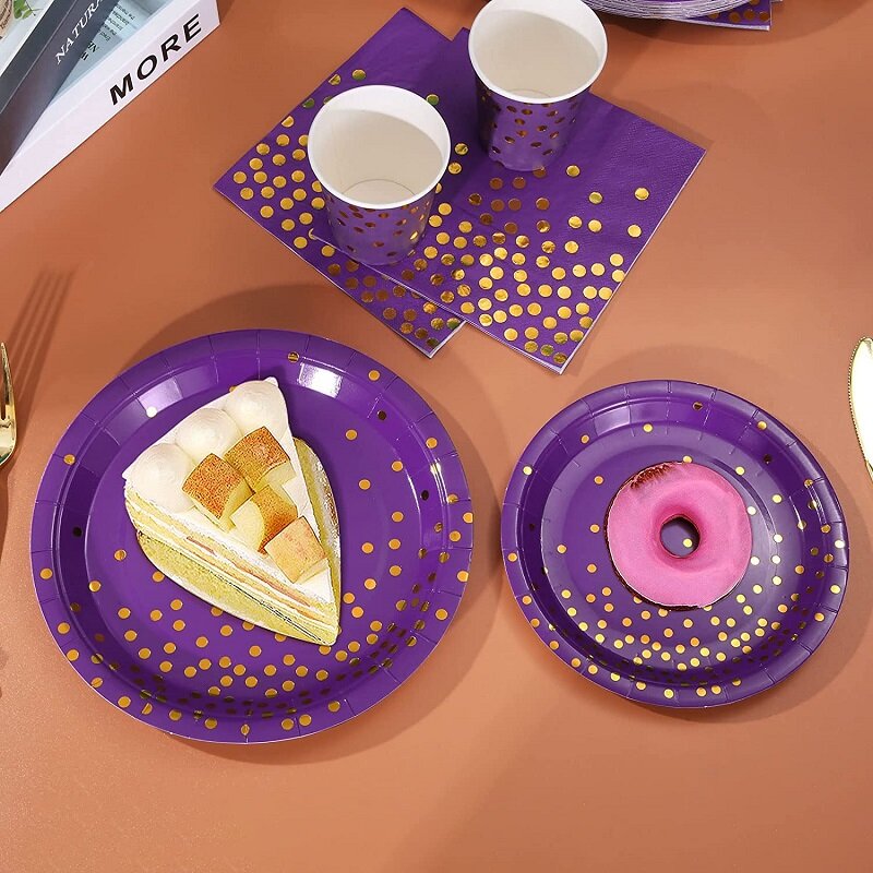 Fioletowy i złoty dekoracje świąteczne fioletowe talerze urodzinowe jednorazowe papierowe talerze na przyjęcia na ślub Baby Shower wieczór panieński