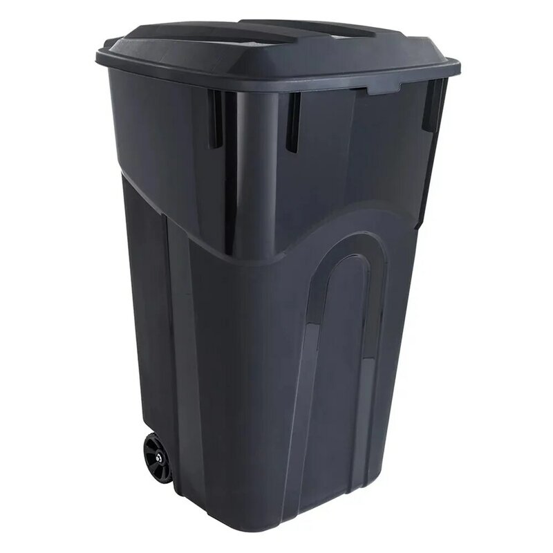 黒いタフなプラスチック製のゴミ箱は蓋に取り付けられています、頑丈、32ガロン