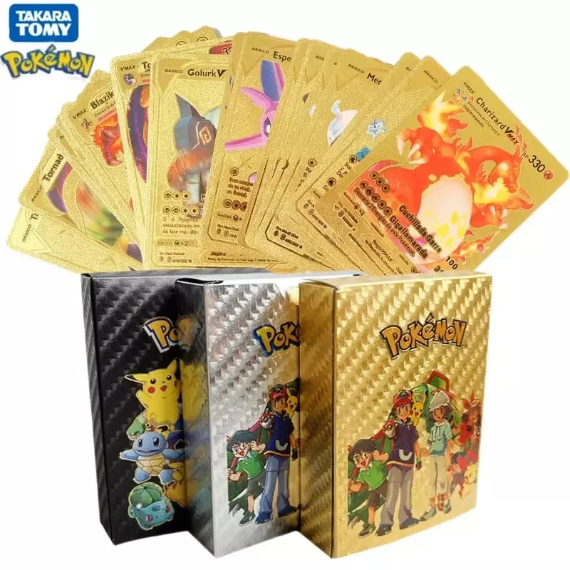 Pokémon Pikachu Collection Cartas de Batalha, Ouro, Prata, Preto, Vmax, GX, Vstar, Inglês, Espanhol, Francês, Alemão, Brinquedos Presentes, 11-110Pcs
