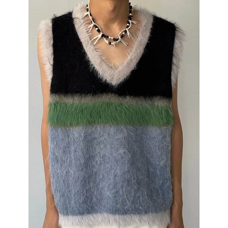 여성용 컬러 블록 빈티지 V넥 스웨터 조끼, 2023 가을 겨울 한국 패션, 니치 디자인, 스플라이스 루즈 탑, 신제품