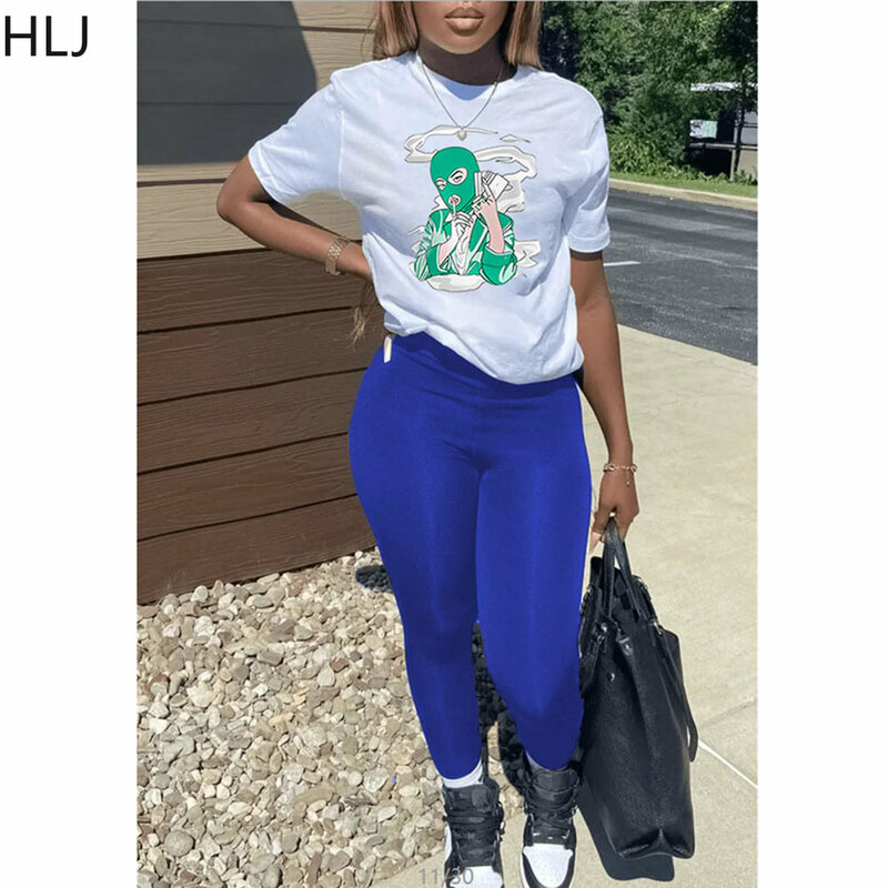 HLJ Casual Printing Street Style Women Round Neck Short Sleeve Tshirt+Jogger Pants Two Piece Sets Spring New Sporty 2pcs Outfits