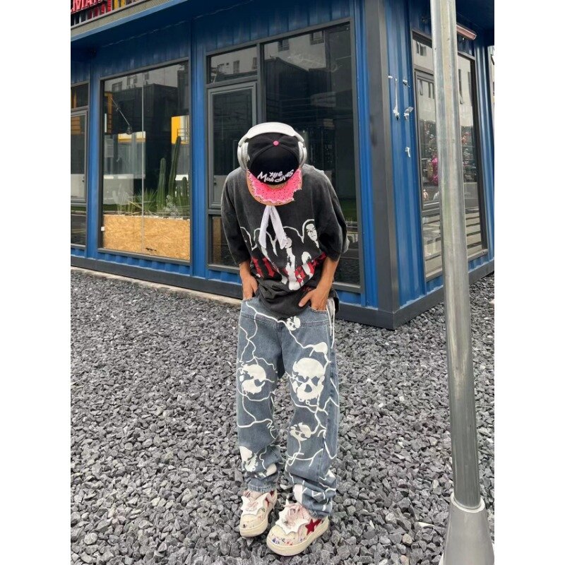 Celana panjang Denim lurus bercetak Hip-Hop Y2K celana panjang Denim lurus gaya Eropa dan Amerika celana panjang Denim pribadi jalanan tinggi untuk pria