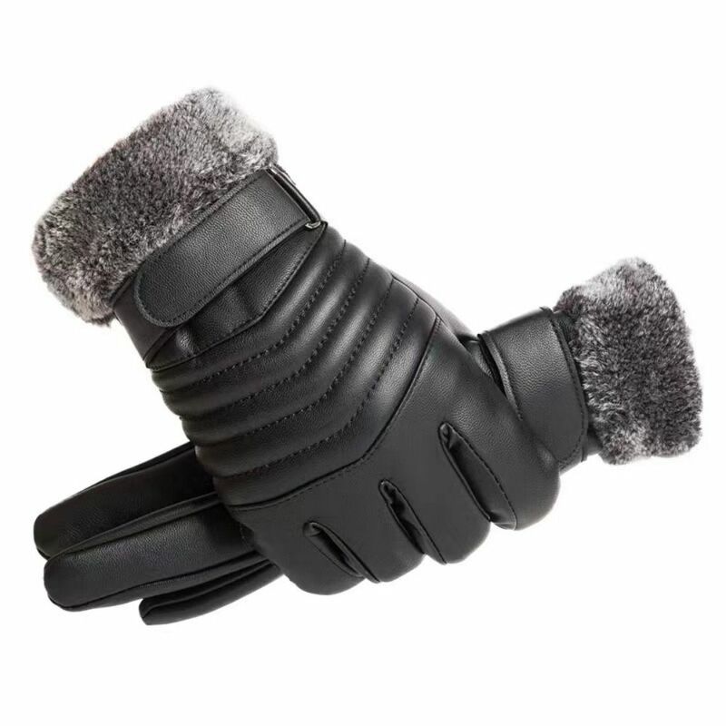 Guantes de esquí cálidos de cuero PU para mujer, dedos antideslizantes, mitones de pantalla táctil abiertos, guantes gruesos de dedo completo, invierno y otoño