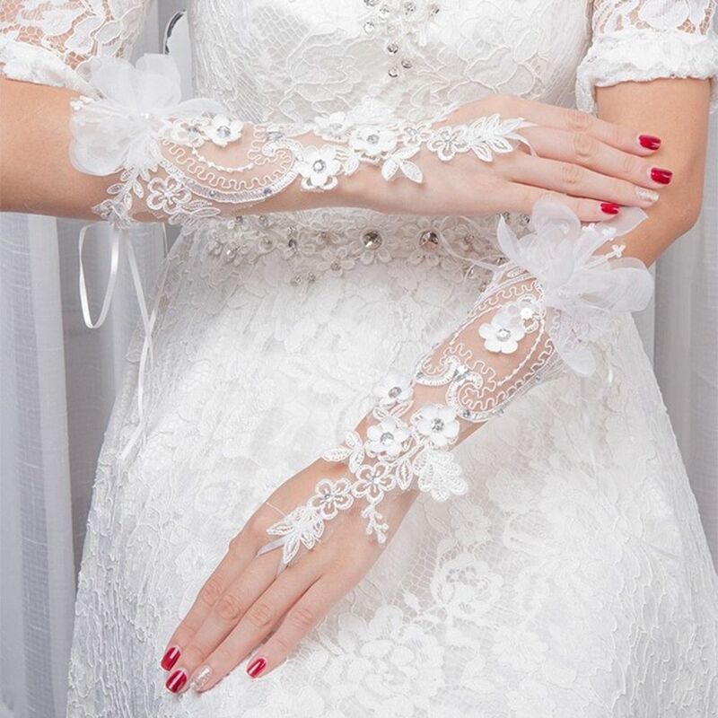 Pearl Fingerless Gloves White Bridal Mittens Hand Sleeve Wedding Bridal Gloves Lace Mittens Bow Gloves Women Gloves