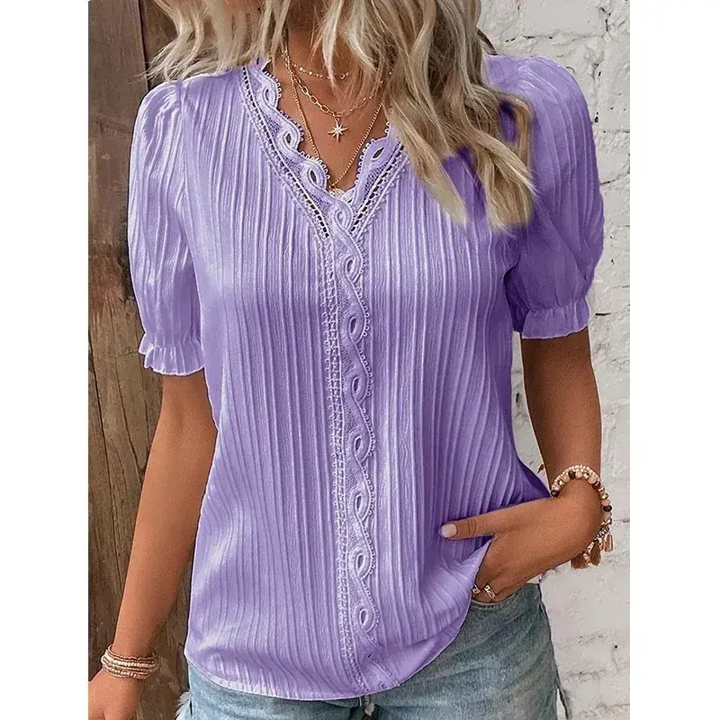 Summer V Neck Lace Stitching Patchwork Women Shirts Hollow Short Sleeve Pullover Top Office Elegant Top Office Lady Blouse