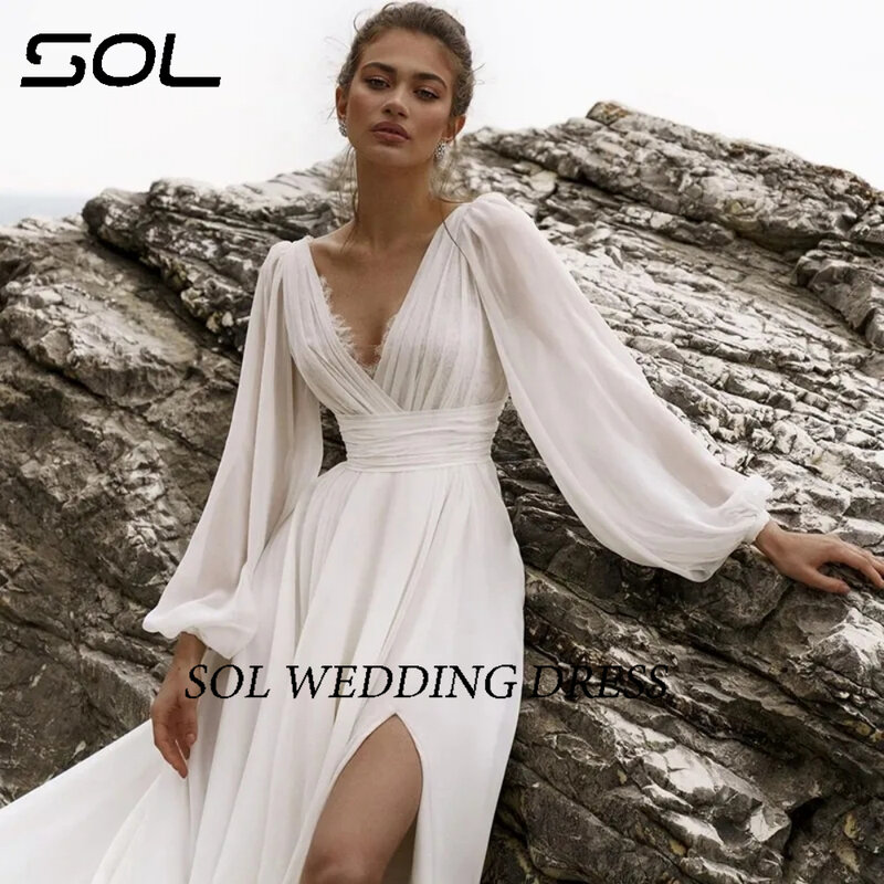Sol Boho Wedding Dresses Puff Sleeve V-Neck Bride Dress 2023 A-Line High Split Wedding Evening Prom Gowns Custom Size
