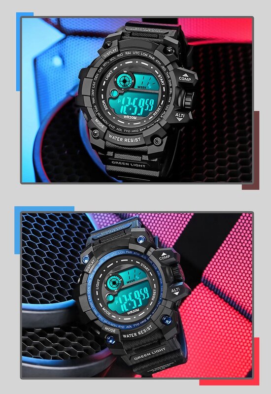 YIKAZE 디지털 남자 시계, LED 디스플레이, 방수 야광 크로노그래프 손목시계, 야외 스포츠 전자 밀리터리 시계