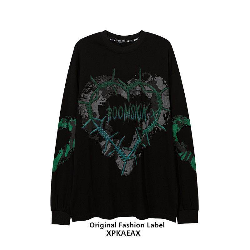 Gothic Punk Green Print Long Sleeve T-shirts Women Grunge Oversize Harajuku Streetwear Hippie O-neck Black Top Pullover