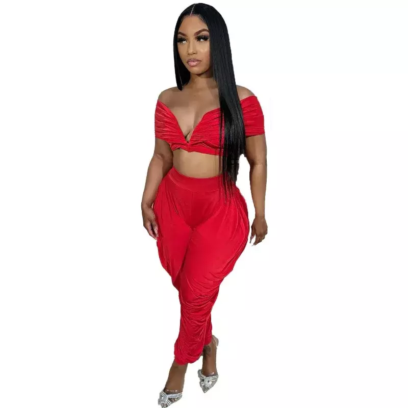 Sexy Ruched Two Piece Set Women V-Neck Off Shoulder Crop Tops Draped Harem Pants Fashion Solid Streetwear Suits Birthday Outfits