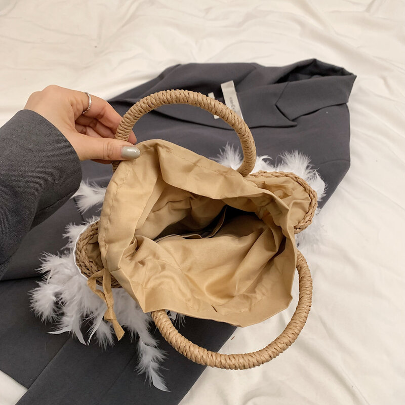 Bohemian Straw Bag Raffia Ratten Handmade bolsa feminina Fashion Feathers Woven Handbag Top Handle Basket Beach Shopper Bag 2024