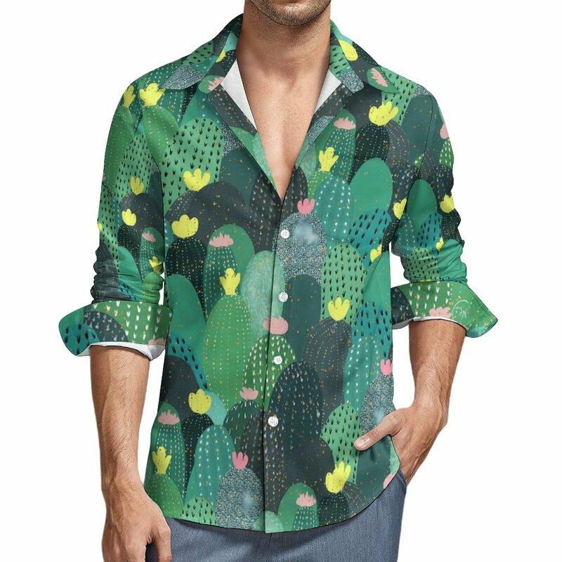 남성용 귀여운 식물 캐주얼 셔츠, 녹색 선인장 셔츠, 긴팔 패션 Y2K 블라우스, 용수철 디자인, 탑 플러스 사이즈 4XL