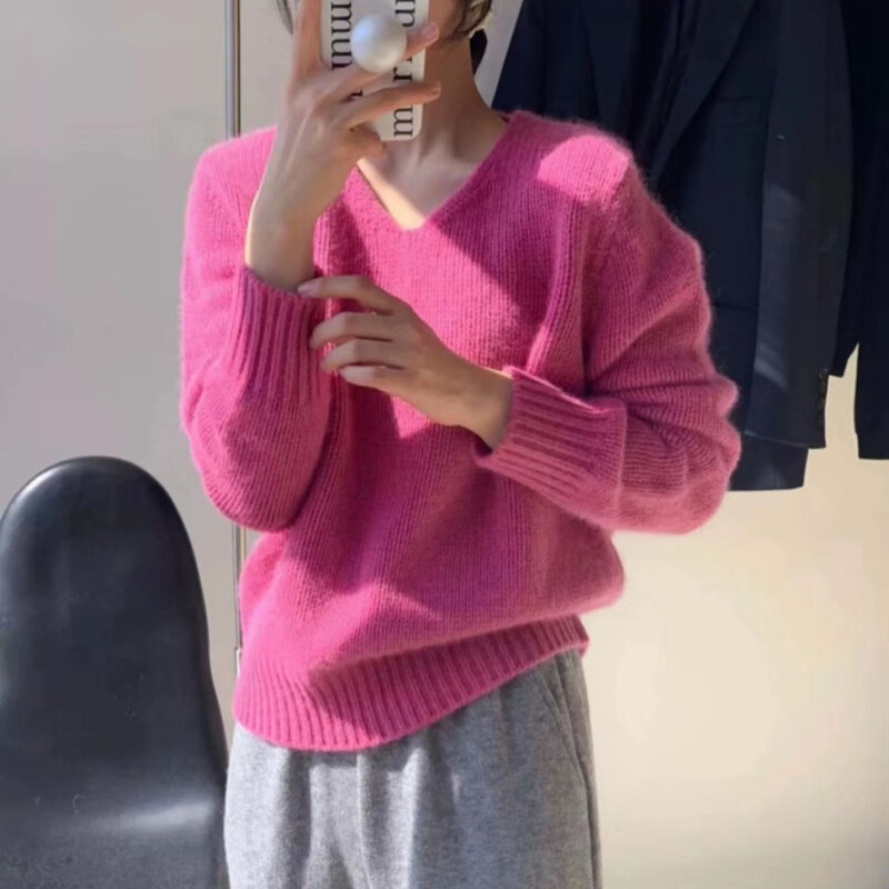 Leniwy styl luźno dopasowane sweter z długim rękawem z dekoltem w serek dla kobiet 2023 jesień/zima koreańska moda wszechstronna Top w jednolitym kolorze