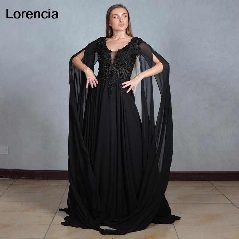 Gaun malam manik-manik hitam lorensia gaun pesta bermanik renda Appliqued gaun Prom lengan panjang leher V sifon transaksi Formal gaun pesta YED07