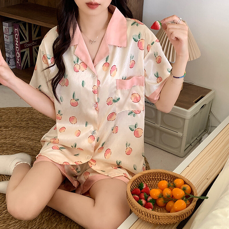 Women Pajamas Sets Summer 2 Piece Peaches Print Pyjama Faux Silk Satin Buttons Sleepwear Short Sleeve Pijama Mujer Pjs Homewear