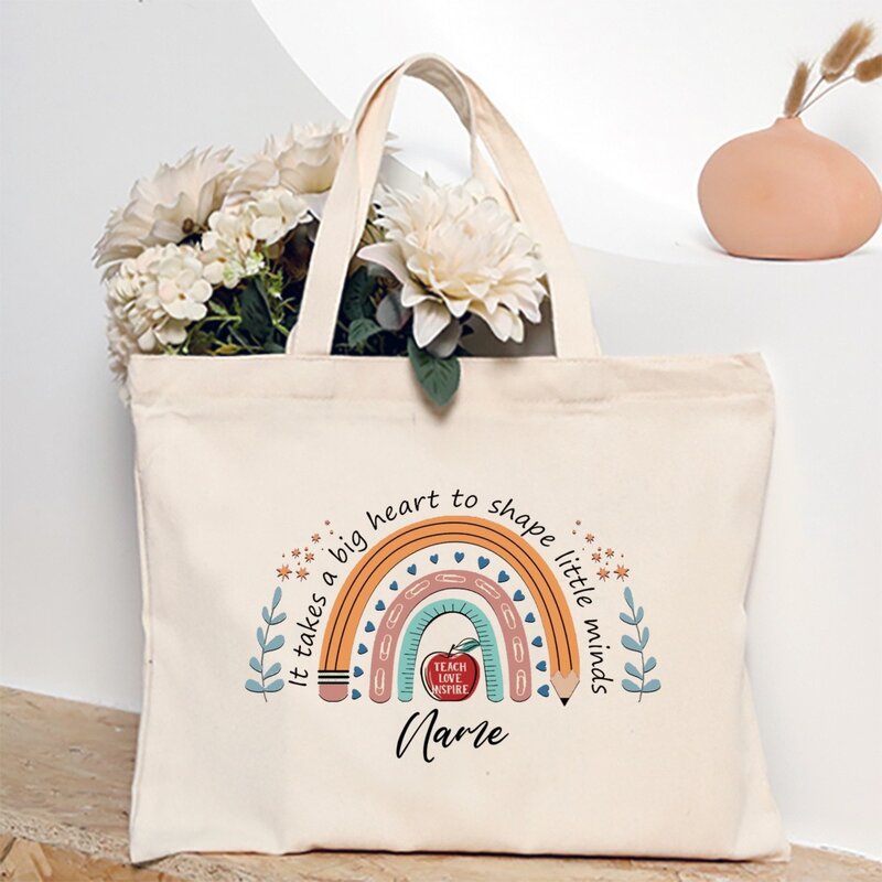 Personalized Tote Bag Custom Name Canvas Shoulder Bags Teacher Life Shopping Bag Female Travel Handbags Best Gift for Teachers