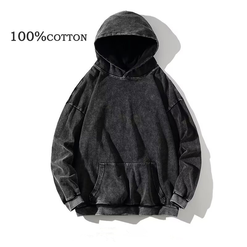 Sudadera con capucha para hombre y mujer, ropa de algodón 100%, estilo Vintage, con lavado ácido negro, estilo Hip Hop, informal, Y2K