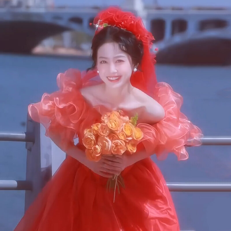 AnXin SH princess ruffles arancione rosso pizzo scollo a barca manica corta perline fiore perle lace up sposa abito da sposa antico