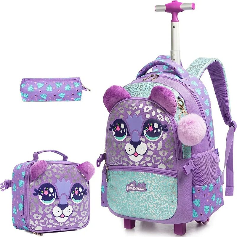 BIKAB-mochila rodante con ruedas para niñas, morral con bonito gato de lentejuelas, para estudiantes de primaria, con fiambrera