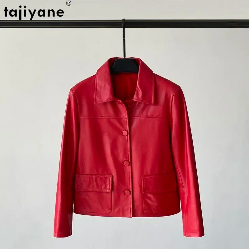 Tajiyane-Veste en cuir véritable pour femme, manteau 2023 peau de mouton véritable, vestes courtes à simple boutonnage, combinaison décontractée