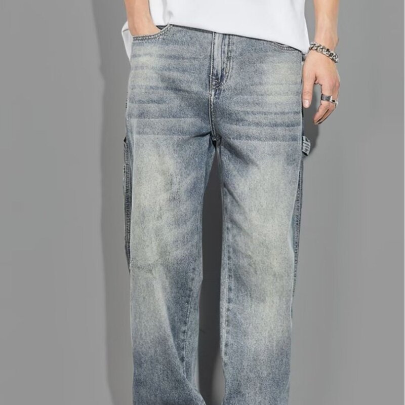 Abbigliamento primaverile Jeans in tessuto di alta qualità da uomo pantaloni larghi in Denim a gamba larga elastico in vita pantaloni alti di marca americana alla moda maschile