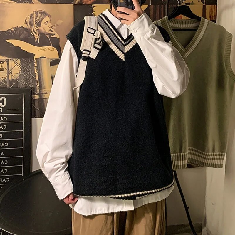남성용 V넥 탱크 스웨터, 얇은 품질, 루즈하고 멋진 민소매 격자 무늬 니트 셔츠, 조끼 코트, 용수철 가을, 2024 신상