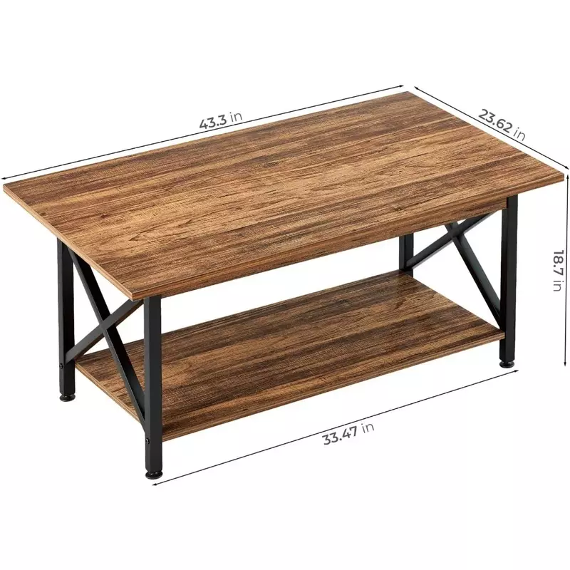 Cafe Table for Living Room Coffee Table Large 43.3 X 23.6 Inch Farmhouse Rustic With Storage Shelf for Living Room Easy Assembly