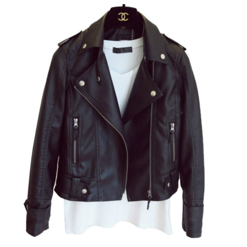 여성용 PU 가죽 재킷, 슬림 라펠 오토바이 짧은 코트, 오버웨어, 한국 패션, 가을, 겨울