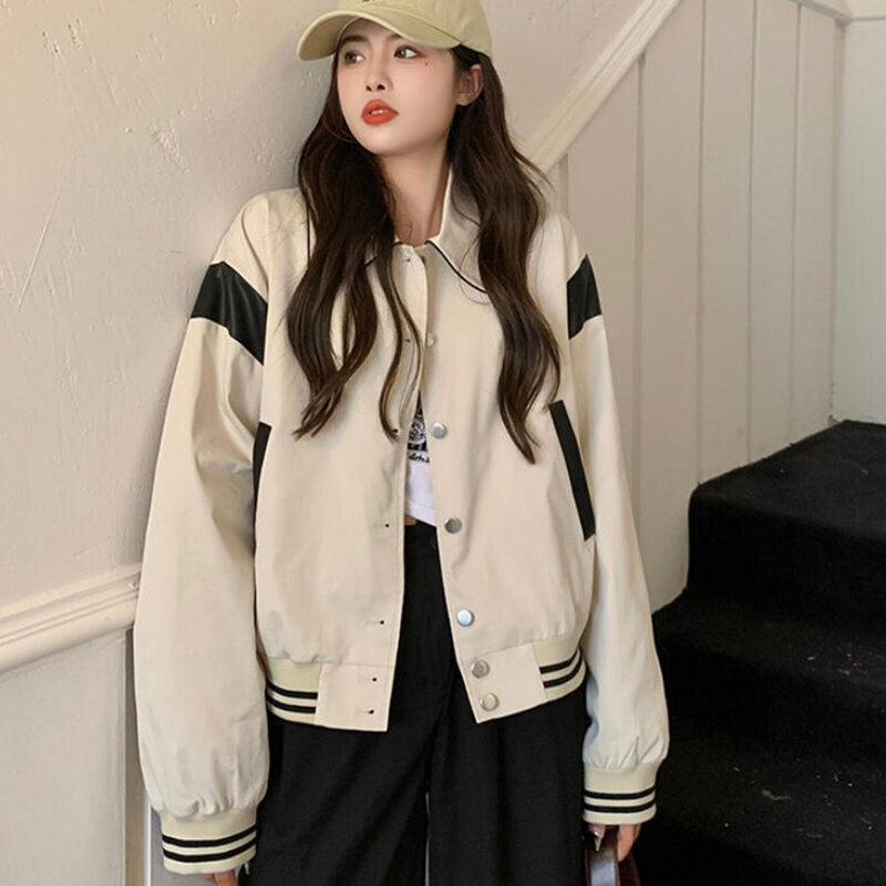 Rimocy 여성용 야구 유니폼 재킷, 시크한 턴다운 칼라, 봄버 재킷, 단추 업 코트, 한국 패션, 2024