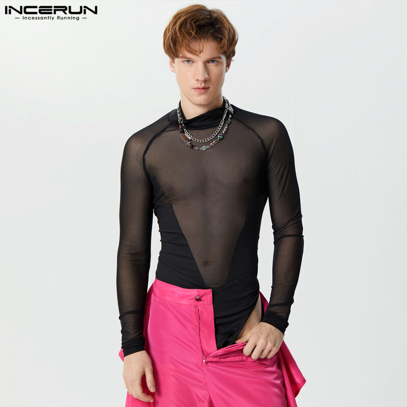 2023 Men Bodysuits Mesh Patchwork Turtleneck Long Sleeve Sexy Male Rompers Streetwear Fitness See Through Bodysuit S-5XL INCERUN