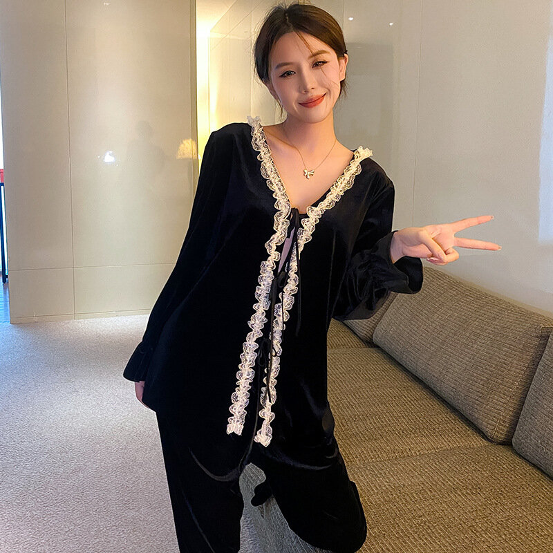 Пижамный комплект Женский бархатный с кружевной отделкой, элегантная одежда для сна, велюровая свободная Ночная сорочка во французском стиле, на осень