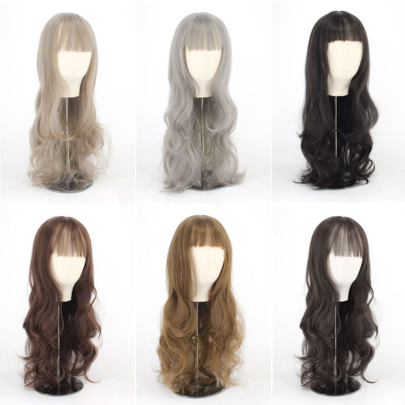 Fashion Long Curly Synthetic Wig Daily Use Wigs with Bangs for Women Heat Resistant Fibre Cosplay Lolita Party Natural Hair