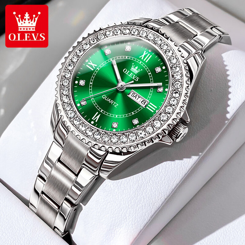 OLEVS jam tangan pasangan asli, arloji kuarsa hijau tahan air untuk Pasangan kekasih romantis, kalender minggu