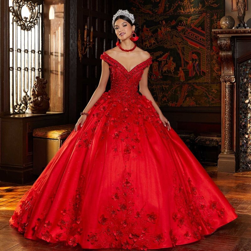 Vestido Quinceanera Vermelho Evlast México, Applique Floral 3D Flores, Espartilho Beading, Vestido de Baile Sweet 16, TQD145