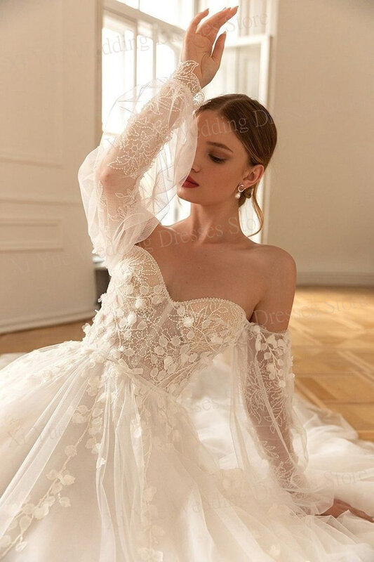 Moderne Vintage neue Brautkleider Schatz A-Linie Spitze Applikationen rücken freie Brautkleider Prinzessin Puff Langarm Robe de