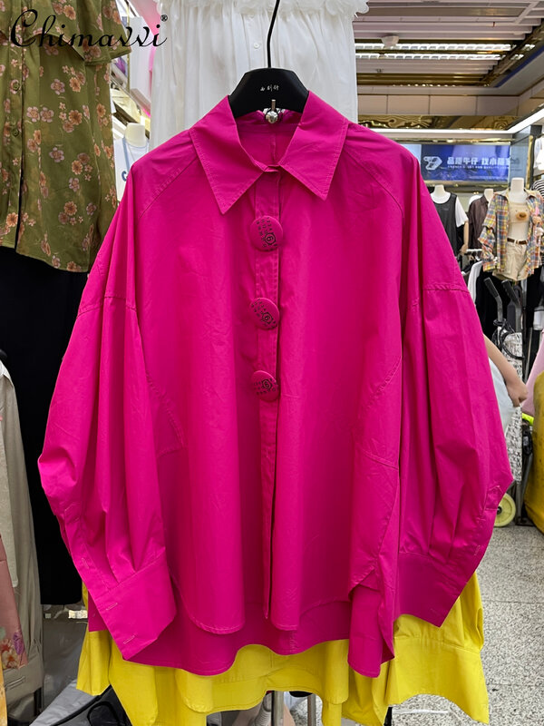유러피언 스테이션 여성 블라우스 상의, 루즈한 대형 버전, 긴팔 셔츠, 출퇴근 레저 단추, 2024 용수철 신상 패션