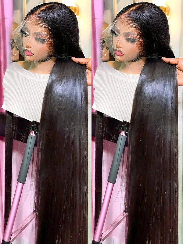 Perruque Lace Front Wig sans colle naturelle, cheveux lisses HD, 13x6, 13x4, pre-plucked, 30 38 pouces, 250% de densité, pour femmes