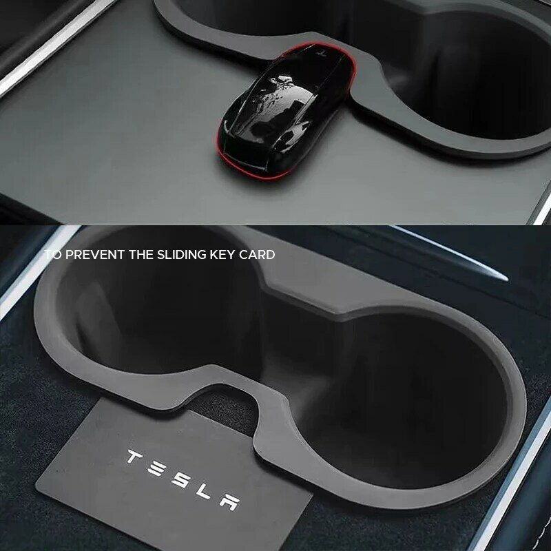 Untuk Tesla Model Y 2021 2022 2023 konsol silikon cangkir air pemegang Insert dengan Slot kartu kunci mobil