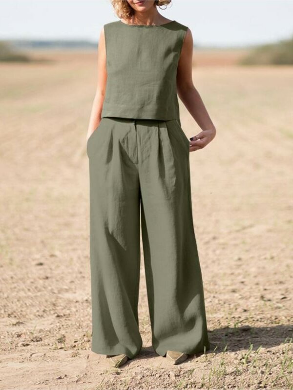 ชุดกางเกงฝ้ายลินินวินเทจสีทึบสำหรับผู้หญิงเสื้อยืดแขนกุดแบบลำลองกางเกงเอวสูงขากว้างชุดสองชิ้น