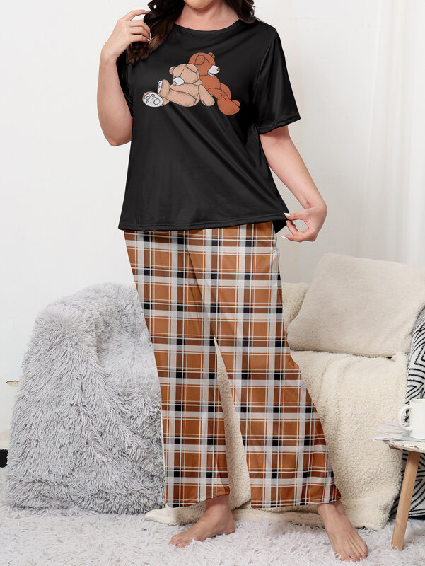 Plus size pigiama set simpatico orsacchiotto pantaloni scozzesi a maniche corte possono essere indossati sia per la casa che per l'abbigliamento casual. Pantaloni a maniche corte