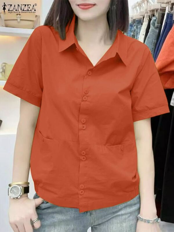 2024 moda ZANZEA letnia koszula kobiet dekolt z klapami bluzka z krótkim rękawem elegancka guziki, na co dzień dół jednolite topy praca kobiet bluzy