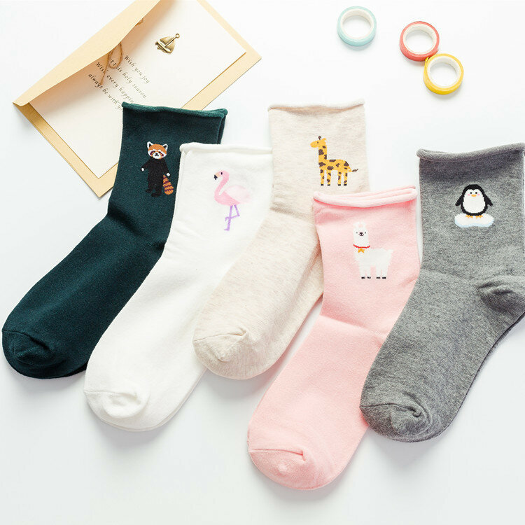 Модные хлопковые носки серии Fengri средней длины с изображением мультяшных животных фламинго загнутые свободные женские носки