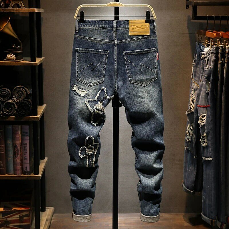 メンズ破れた穴のあるタイトフィットのジーンズ,ロングパンツ,若いファッション,用途の広いデニムスタイル