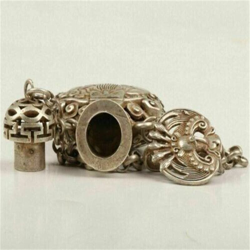 Chinese Old Tibet Silver Hand Carved lucky god Statue Snuff Bottle Netsuke